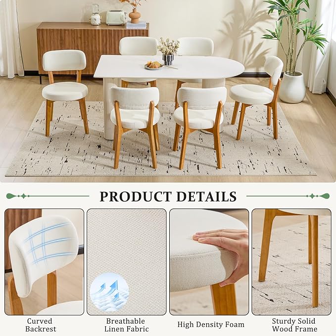 Furniliving Oak Wooden Dining Chairs Set of 4, Mid-Century Modern Linen - Image 3
