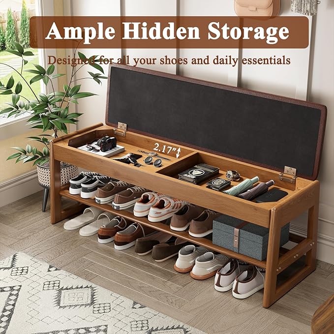 Shoe Rack Bench Seat Rubberwood 2-Tier Wooden Storage Bench 550lbs Compact - Image 3