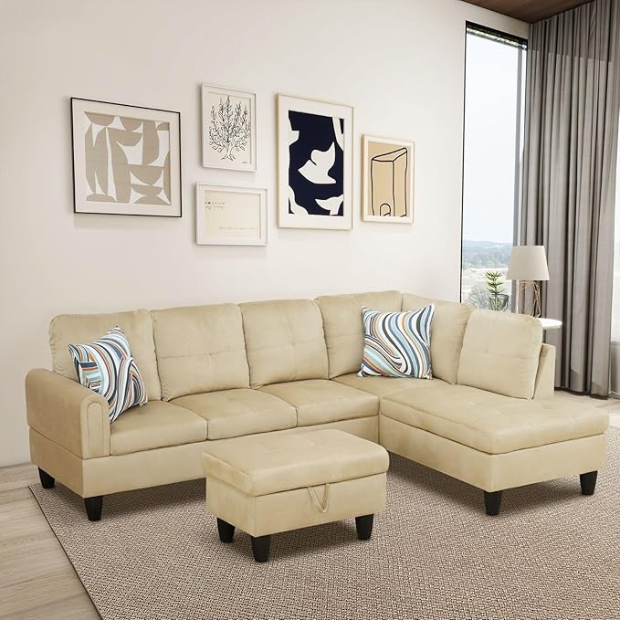 Beige L-Shaped 3-Piece Flannel Sofa by Unknown