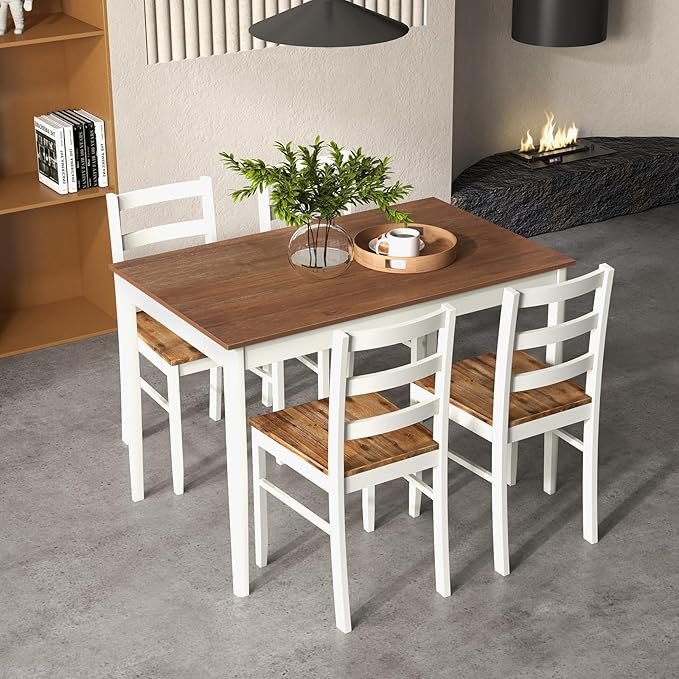 Giantex 5-Piece Dining Set for 4, Solid Wood Rectangular Table & 4 Chairs wtih - Image 2