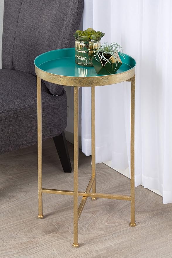 Kate and Laurel Celia Round Metal Foldable Tray Accent Table, Teal - Image 2