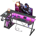 55 Inch Gaming Desk with Power Outlet & LED Lights, L Shaped Gamer Computer by Korfile