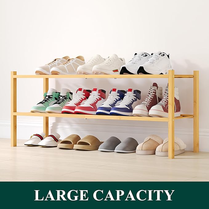 Smiry Shoe Rack, 2 Tier Long Bamboo Shoe Organizer, Stackable Free Standing - Image 5