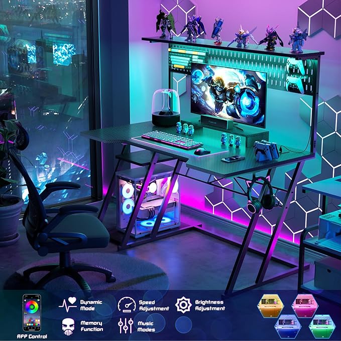 Gaming Computer Desk with Shelves and Outlets, Gaming Desk with Hutch and LED - Image 4