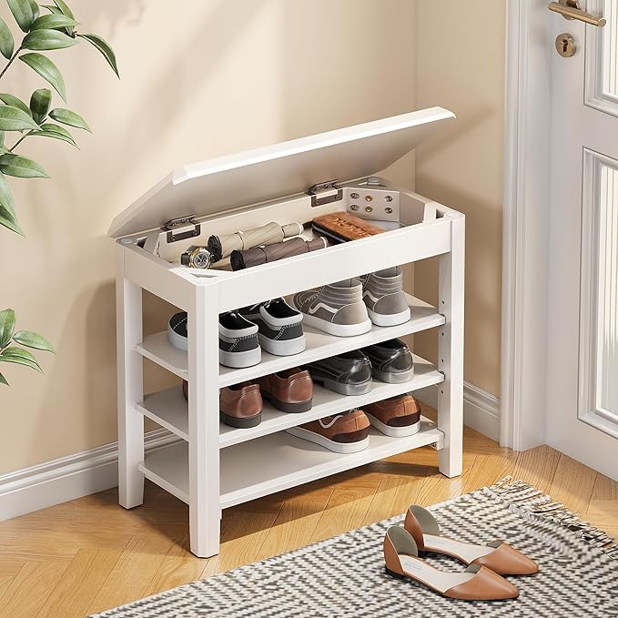 Shoe Rack Bench Seat Rubberwood 3-Tier Wooden Storage Bench 550lbs Compact by IUNVR