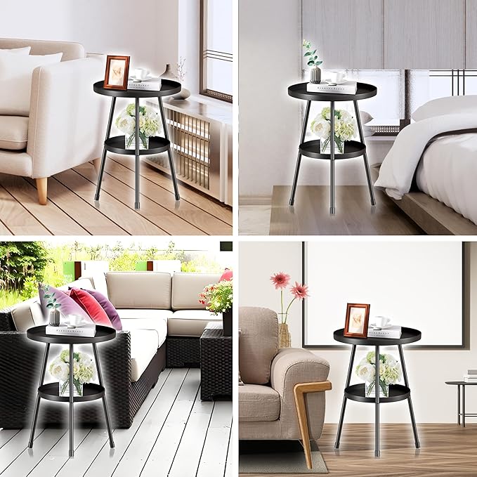 Small Side Table Round 2 Tier End Table Metal Round Coffee Tables Nightstand - Image 7