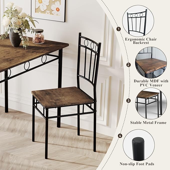 5 Piece Dining Table Set, Modern Metal&Wood Kitchen Dinner Table - Image 4
