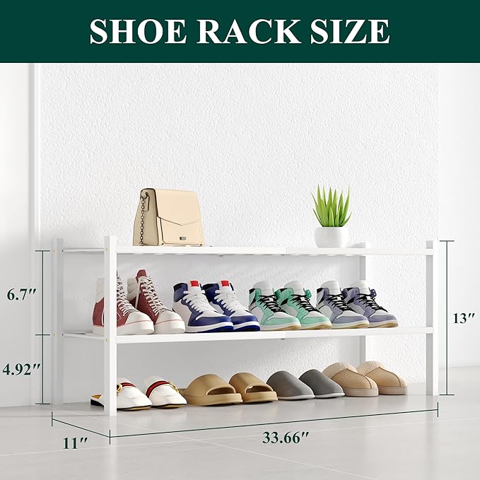 Smiry Shoe Rack, 2 Tier Long Bamboo Shoe Organizer, Stackable Free Standing - Image 2