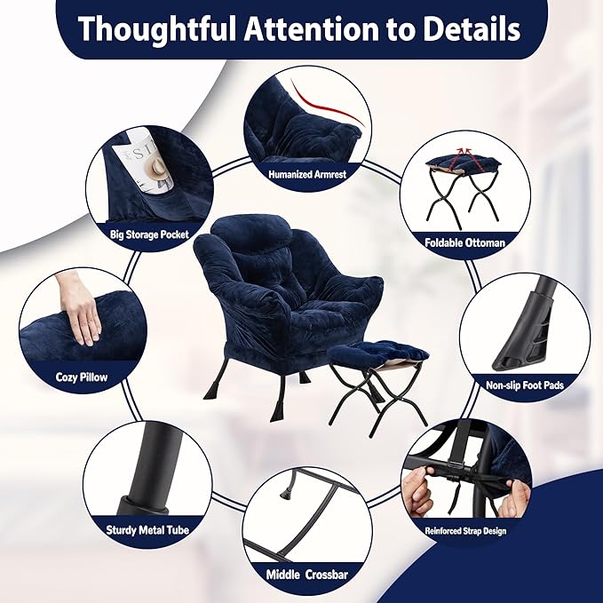 Lazy Chair with Folding Ottoman, Accent Chair Plush Upholstered with Metal - Image 6
