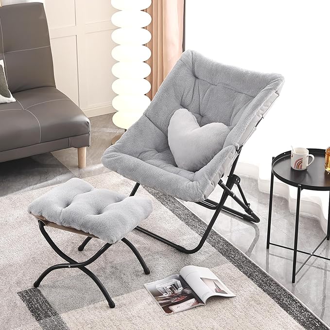 Comfy Saucer Chair with Ottoman, Oversized Folding Faux Fur Chair Soft Furry - Image 9