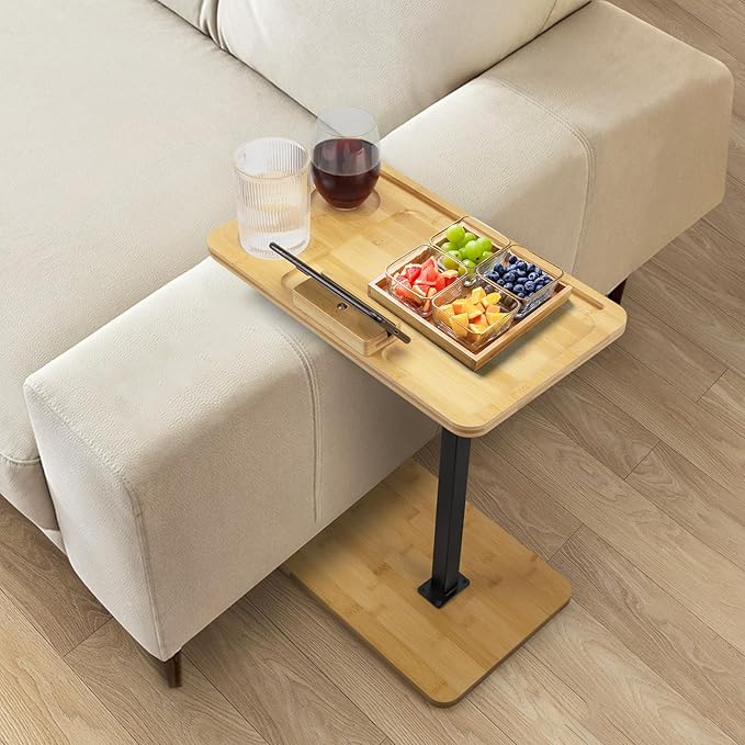 Bamboo Sofa Side Table Adjustable Height, Snack C Shaped End Table by LVETOLS