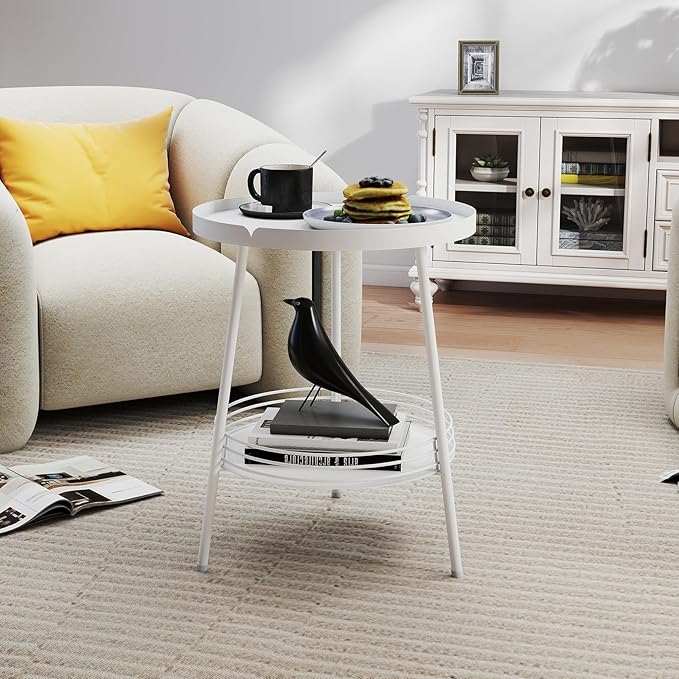 Benkyo 2 Tier White Metal Round Side Table Tiered Two Shelf Storage Coffee Sofa - Image 7