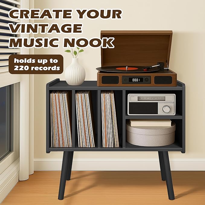 Record Player Stand with Vinyl Storage, Wooden Record Player Table with 5 - Image 3