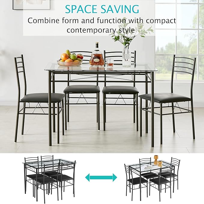 VECELO 5-Piece Kitchen Dining Table Set, Glasses Tabletop & Heavy-Duty Metel - Image 2