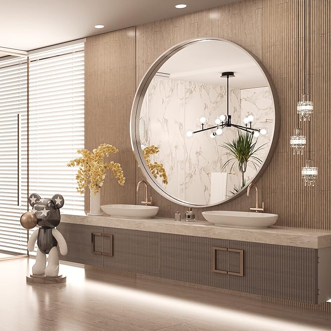 TokeShimi Round Mirror 36 Inch Brushed Silver Round Bathroom Mirror - Image 8