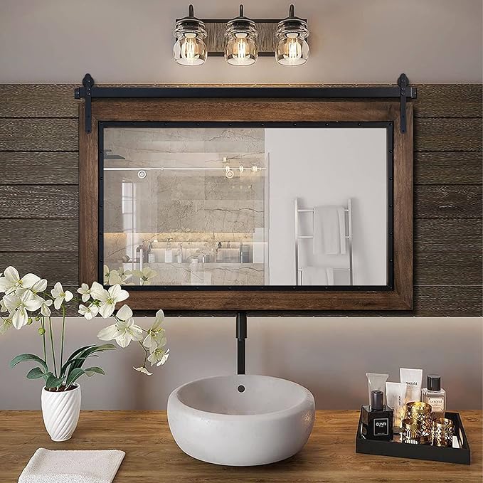 YOSHOOT Farmhouse Barn Door Mirror, Wood Frame Wall Mirror, Wooden Mirror - Image 5
