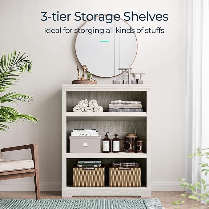 LINSY HOME 3-Tier Bookcase and Bookshelf, Small Wood Display Storage Shelves - Image 4