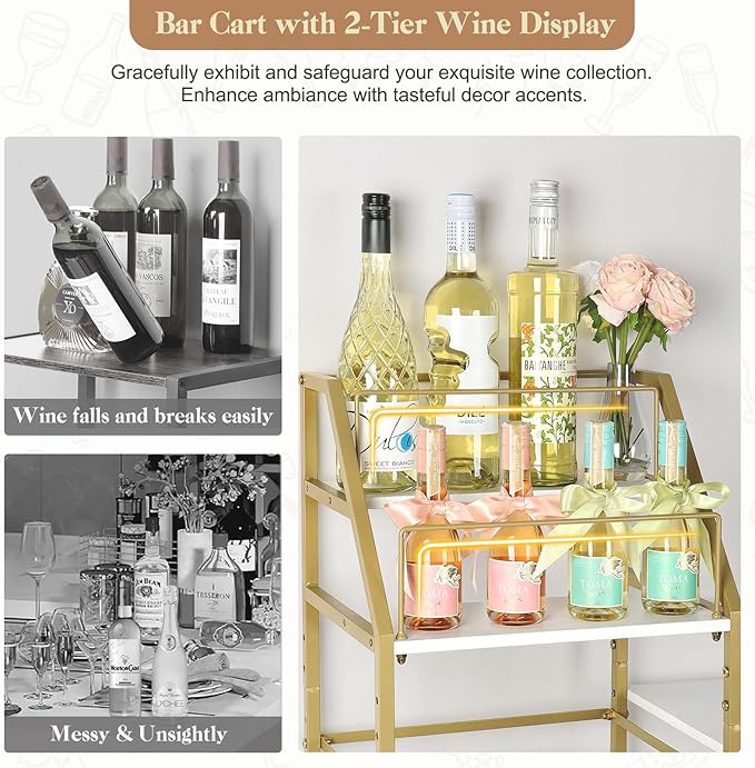 VINAEMO Gold Bar Cart With Wine Glass Holder, Stand - Image 3