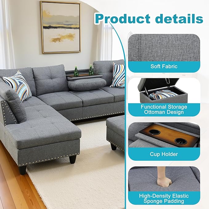 L Shaped Couch Modern Sectional Couch Upholstered Linen Fabric 3 Pieces Sofas - Image 5