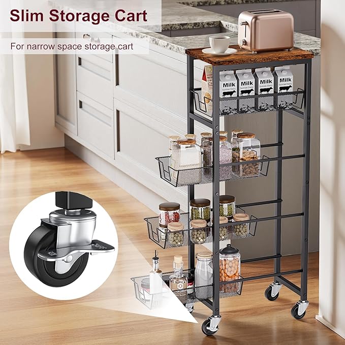 Slim Rolling Cart, 5-Tier Storage Cart, 9.1inch Narrow Kitchen Rolling Cart on - Image 2