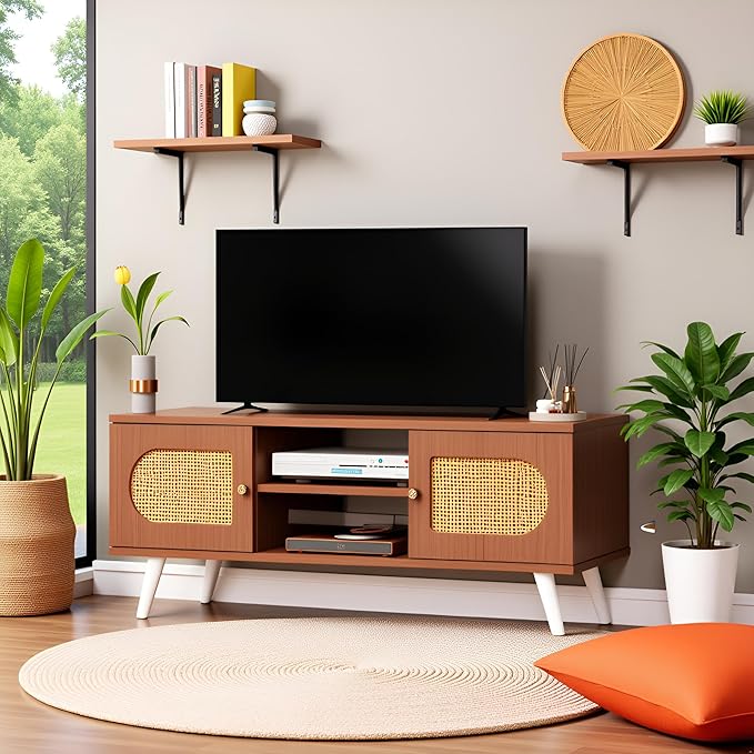 55" Rattan TV Stand for 65 Inch TV Solid Wood TV Console Entertainment Center - Image 5