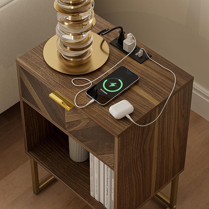 Masupu Nightstand with Charging Station, Modern Night Stand Boho Farmhouse Wood - Image 9
