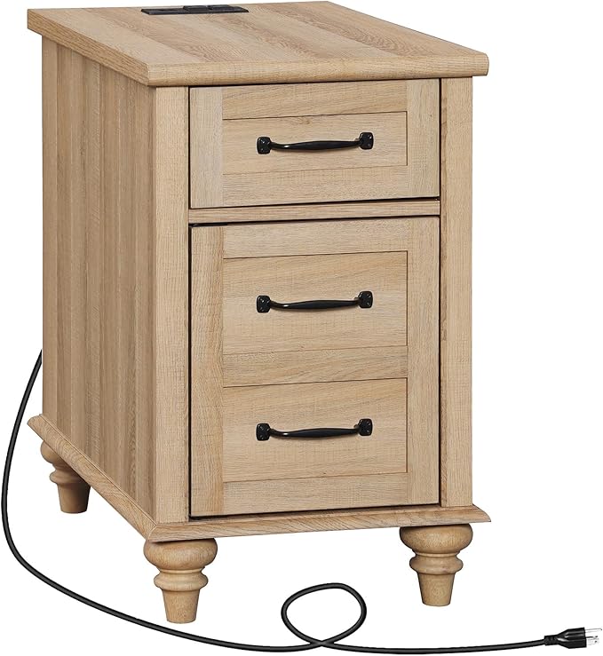 WAMPAT End Table with Charging Station, Wood Side Table with Drawer and Storage - Image 9
