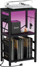 End Table with LED Light, Record Player Stand with Charging Station, Vinyl by YAKANJ