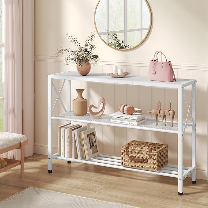 Hoctieon White Industrial Console Table, 3 Tier Entryway Tables, Hallway Desk - Image 2