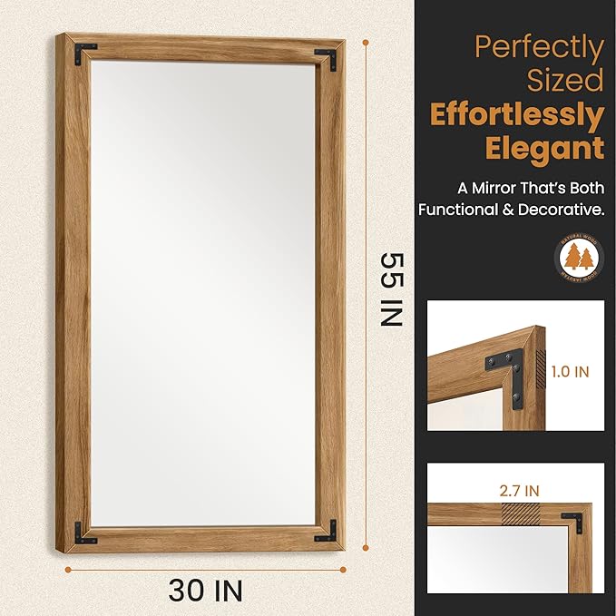 Full Length Mirror with Wooden Frame, Bedroom Decor, Hanging or Leaning - Image 2
