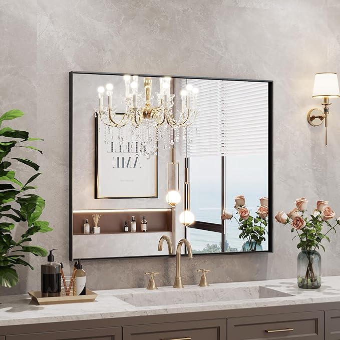 DENRICK Black Framed Mirror for Bathroom 48 x 30 Inch Matte Black Bathroom - Image 2