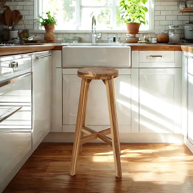 Round Stool Acacia Wood, Easy Assembly, Natural Wax Finish, Wooden Stool - Image 2