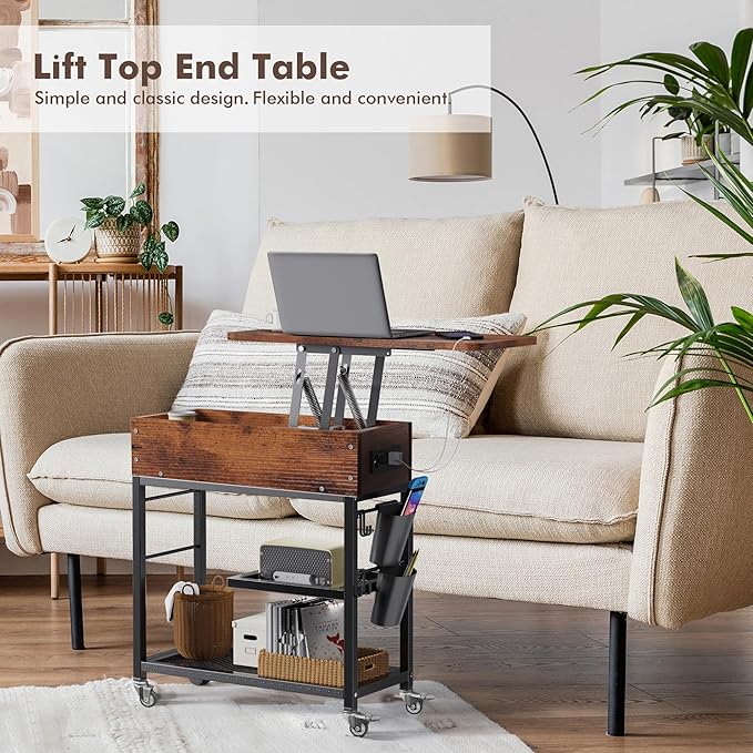 Colima Lift Top End Table with Charging Station and Wheels, Sofa Side Table - Image 7