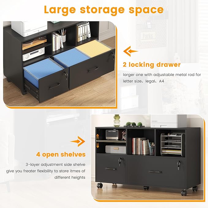 2 Drawer Wood Mobile Large Lateral File Cabinet - Image 3