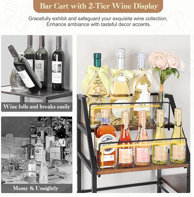 VINAEMO Rolling Bar Cart with Wine Glass Holder, Mini Bar - Image 3