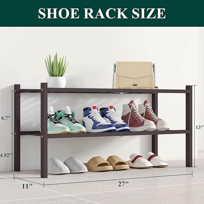 Smiry Shoe Rack, 2 Tier Bamboo Shoe Organizer, Stackable Free Standing Wooden - Image 2