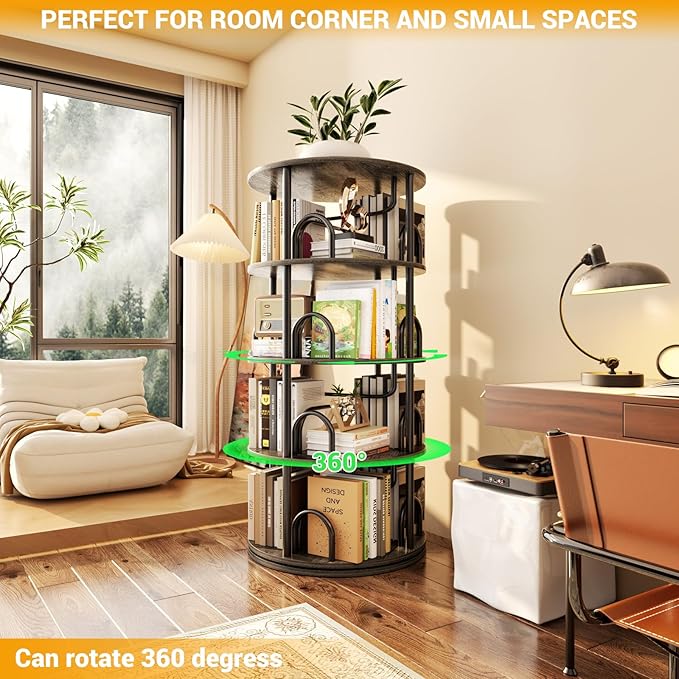 Aheaplus 4 Tier Rotating Bookshelf Tower, 360 Display Spinning Bookcase - Image 7