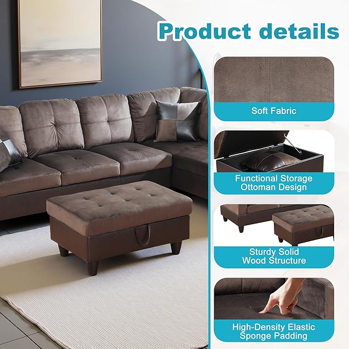 Couches for Living Room Comfy Flannel Fabric 3 Pieces Sectional Sofa - Image 5