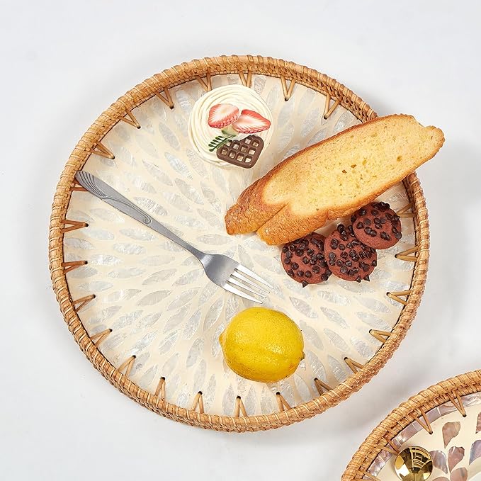 Round Rattan Tray with Mother of Pearl Inlay, Rattan Serving Tray with Wooden - Image 2