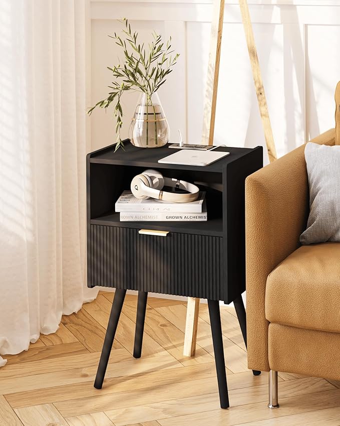 Black Nightstand with Outlet, Modern Bedside Table with Storage Drawer and Open - Image 7