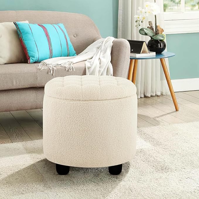 Furniliving Modern Round Storage Ottoman, Button Tufted Ottoman Foot Stools - Image 8