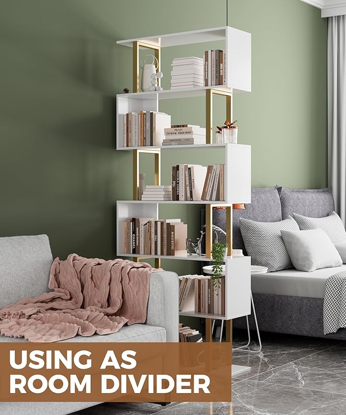 Gadroad 6-Tier Geometric Bookcase, S Shaped Bookshelf, Wood Decorative Storage - Image 5