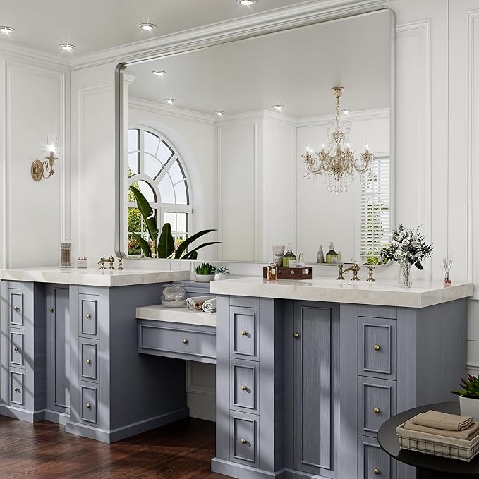 Hasipu Brushed Silver Bathroom Mirror 59x39 Inch Rounded Rectangle Vanity by Whatssuitableisthebest