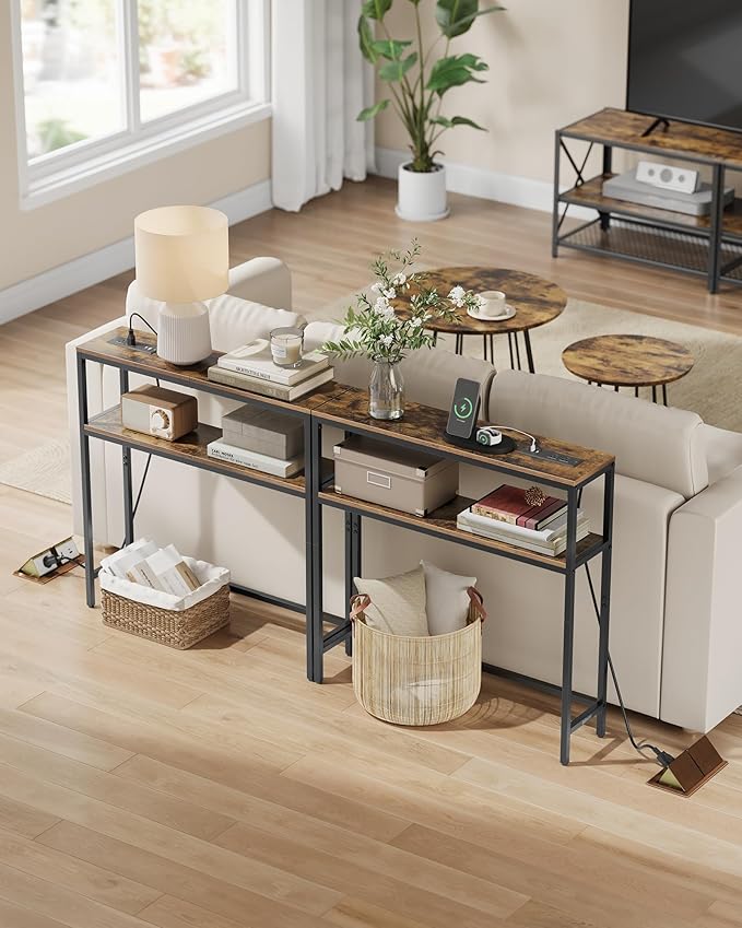 VASAGLE Console Table with Power Outlet, 2-Tier Narrow Sofa Table with 2 Shelves - Image 5