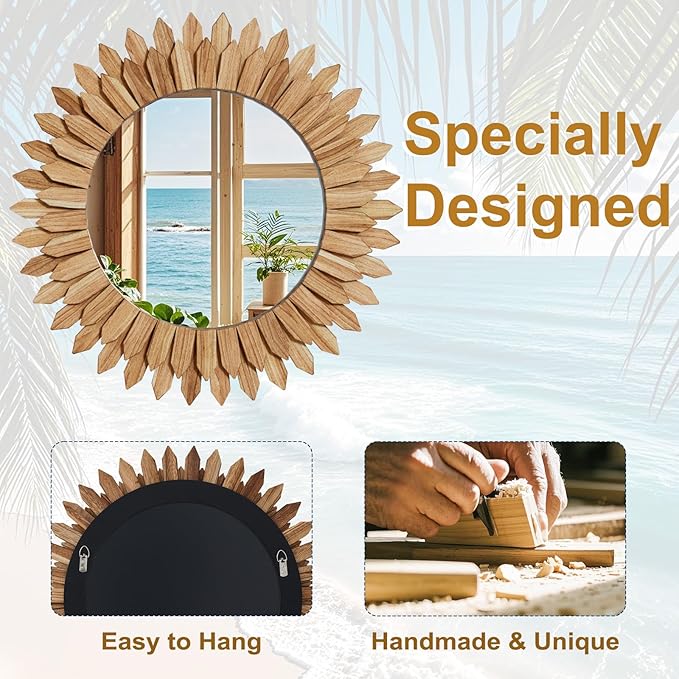 24 Inch Brown Boho Wall Decor Sunburst Mirror - Image 4