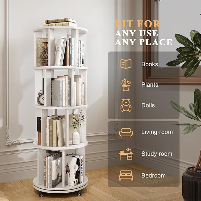 4-Tier Rotating Bookshelf, 360° Spinning Stackable Bookcase, Freestanding - Image 4