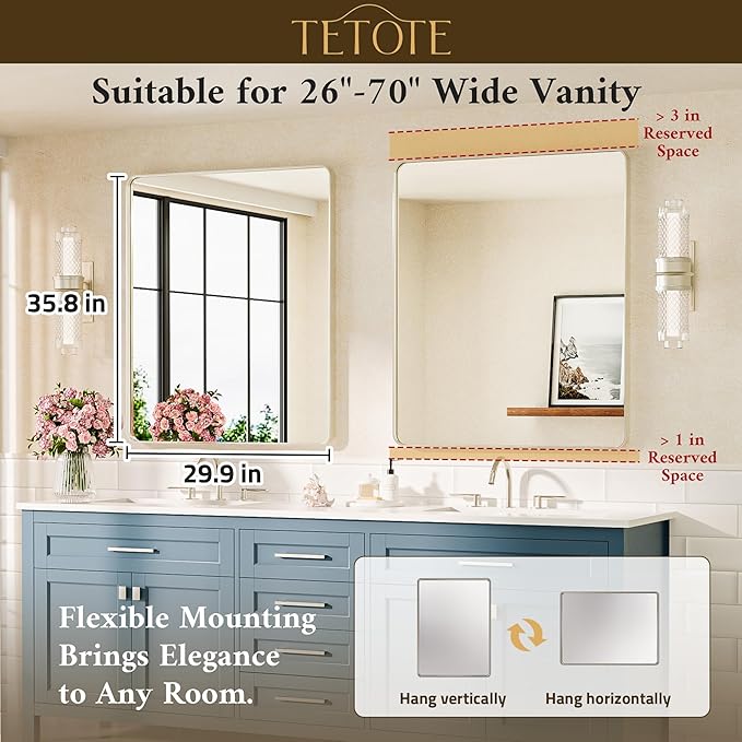 TETOTE Brushed Nickel Bathroom Mirror 30 x 36 Brushed Nickel Metal Framed - Image 7