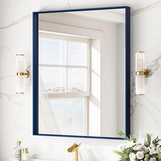 Keonjinn 30 x 36 Inch Blue Bathroom Mirror Metal Frame Navy Blue Wall Mirror by Keonjinn