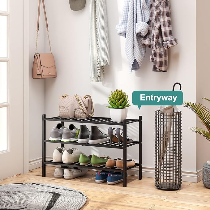 3-Tier Black Bamboo Shoe Rack for Entryway, Stackable | Foldable | Natural - Image 5