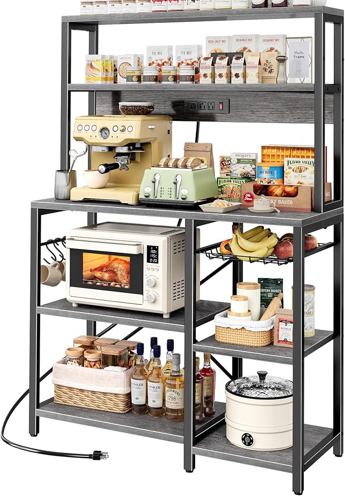 SUPERJARE Bakers Rack with Power Outlet, 35.4 Inches Coffee Bar with Wire Basket by SUPERJARE